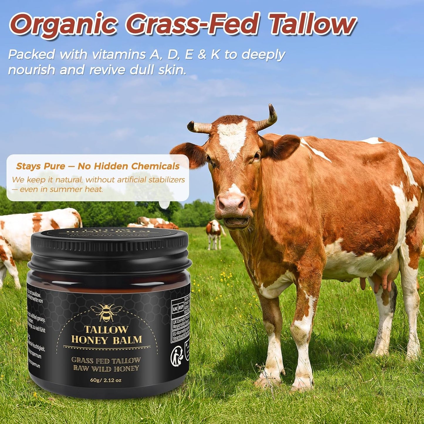 Beef Tallow for Skin,Tallow and Honey Balm,Organic Grass-Fed Beef Tallow Balm with Honey, Face and Body Moisturizer(60G)