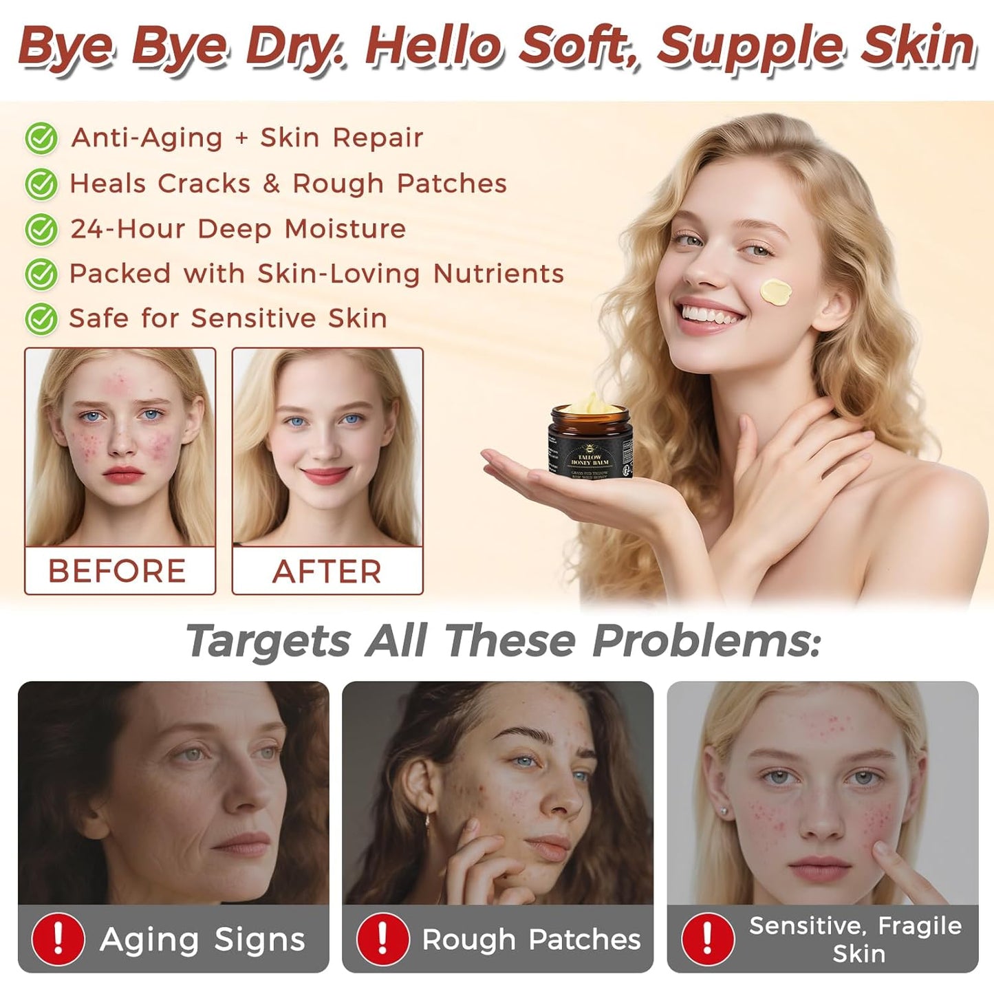 Beef Tallow for Skin,Tallow and Honey Balm,Organic Grass-Fed Beef Tallow Balm with Honey, Face and Body Moisturizer(60G)