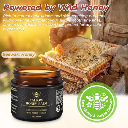 Beef Tallow for Skin,Tallow and Honey Balm,Organic Grass-Fed Beef Tallow Balm with Honey, Face and Body Moisturizer(60G)